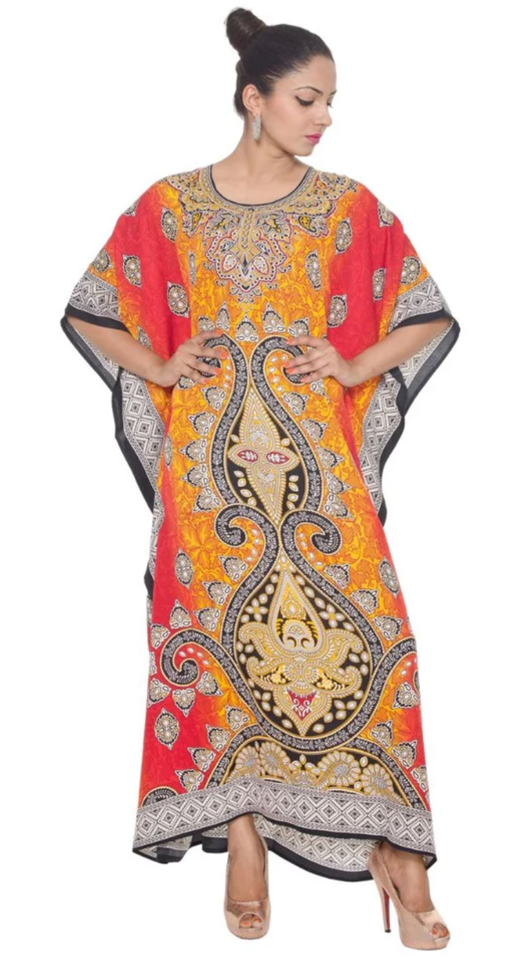 Orange Paisley Medallion Polyester Plus Size Kaftan for Women 1X-3X | GypsieBlu