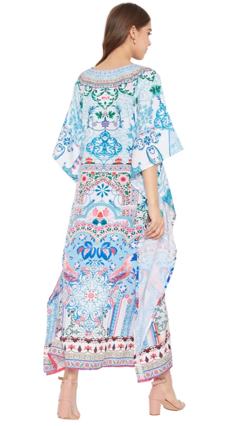 Blue Floral Polyester Plus Size Kaftan Dress for Women 1X-3X | GypsieBlu