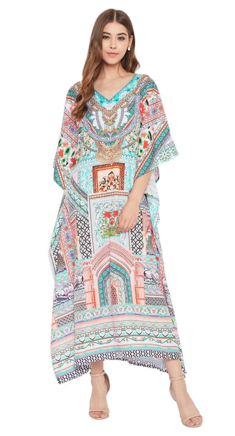 Blue Floral Polyester Plus Size Kaftan Dress for Women 1X-3X V Neck | GypsieBlu