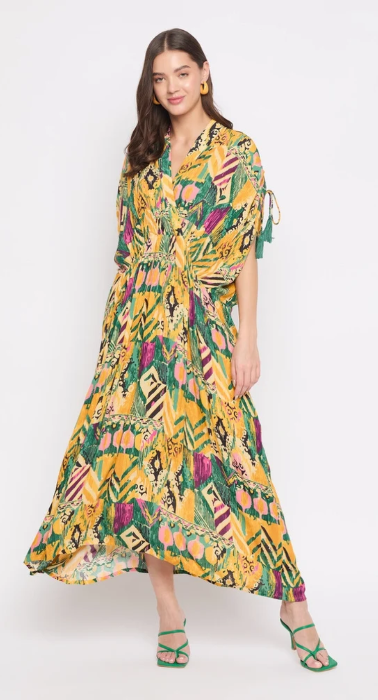 Yellow Boho Ikat Rayon Kaftan for Women S-XL | GypsieBlu