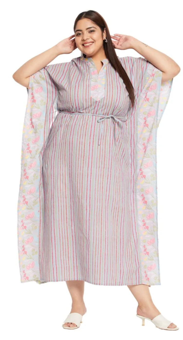 GypsieBlu Gray Floral Plus Size Cotton Kaftan Dress for Women 3/4 Sleeve 1X-3X
