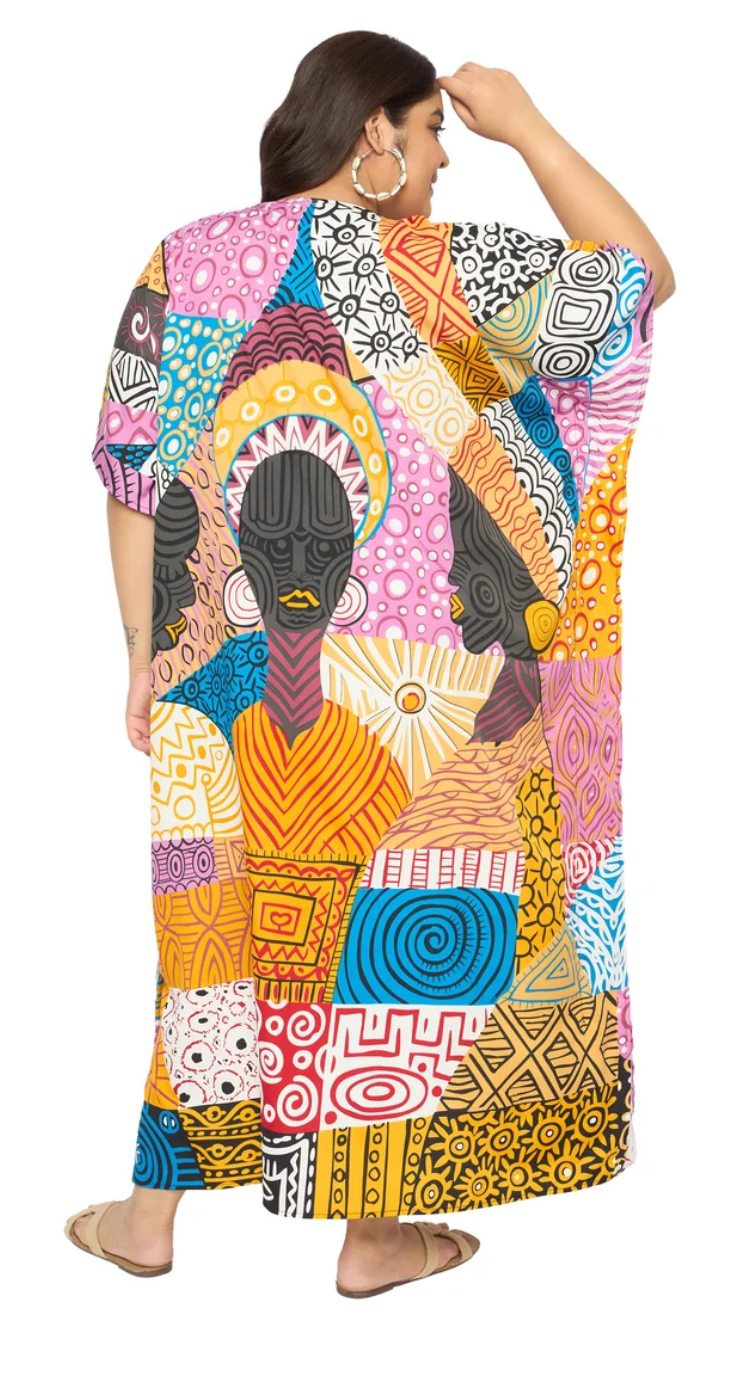 Multicolor Tribal Patchwork Polyester Plus Size Kaftan for Women 1X-3X | GypsieBlu