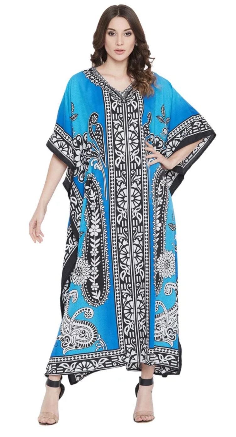 Blue & Black Paisley Medallion Polyester Plus Size Kaftan for Women 1X-3X | GypsieBlu
