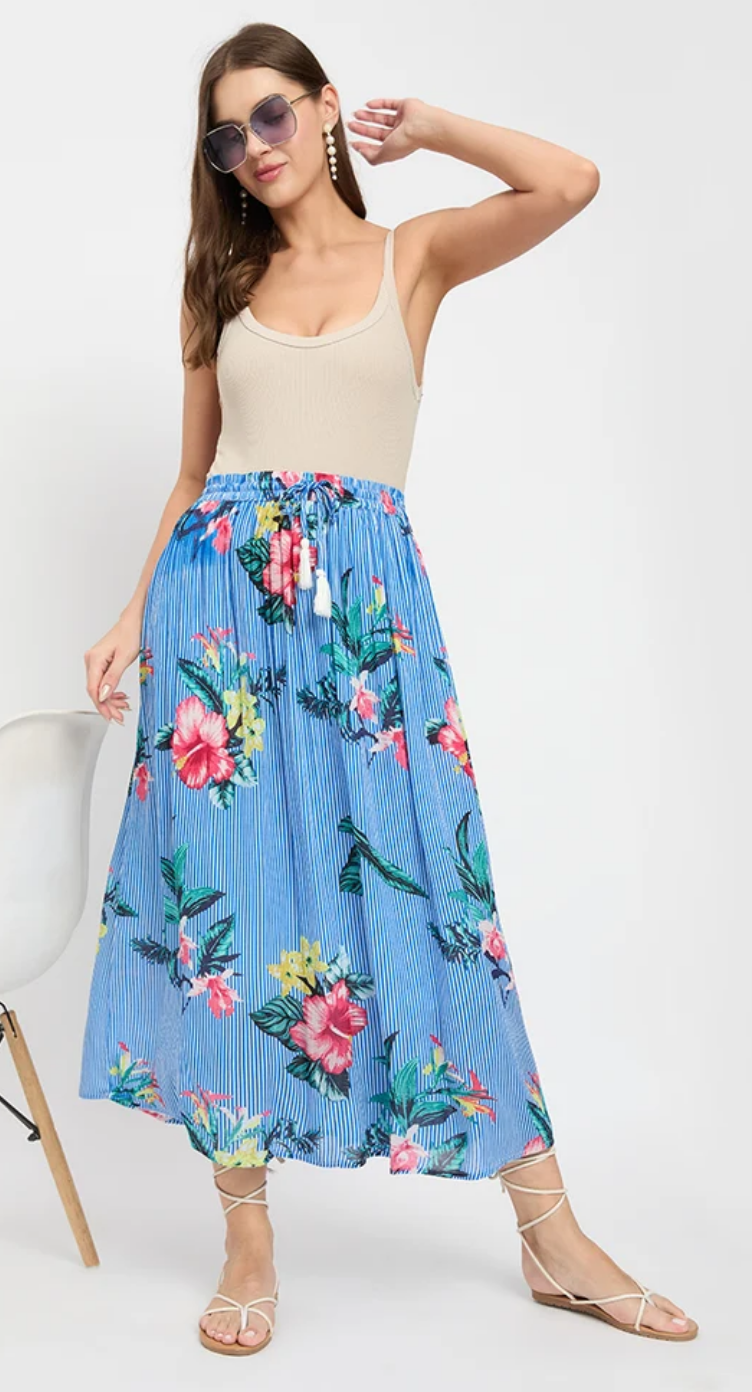Blue Floral Stripe Rayon Skirt for Women S-XL | GypsieBlu