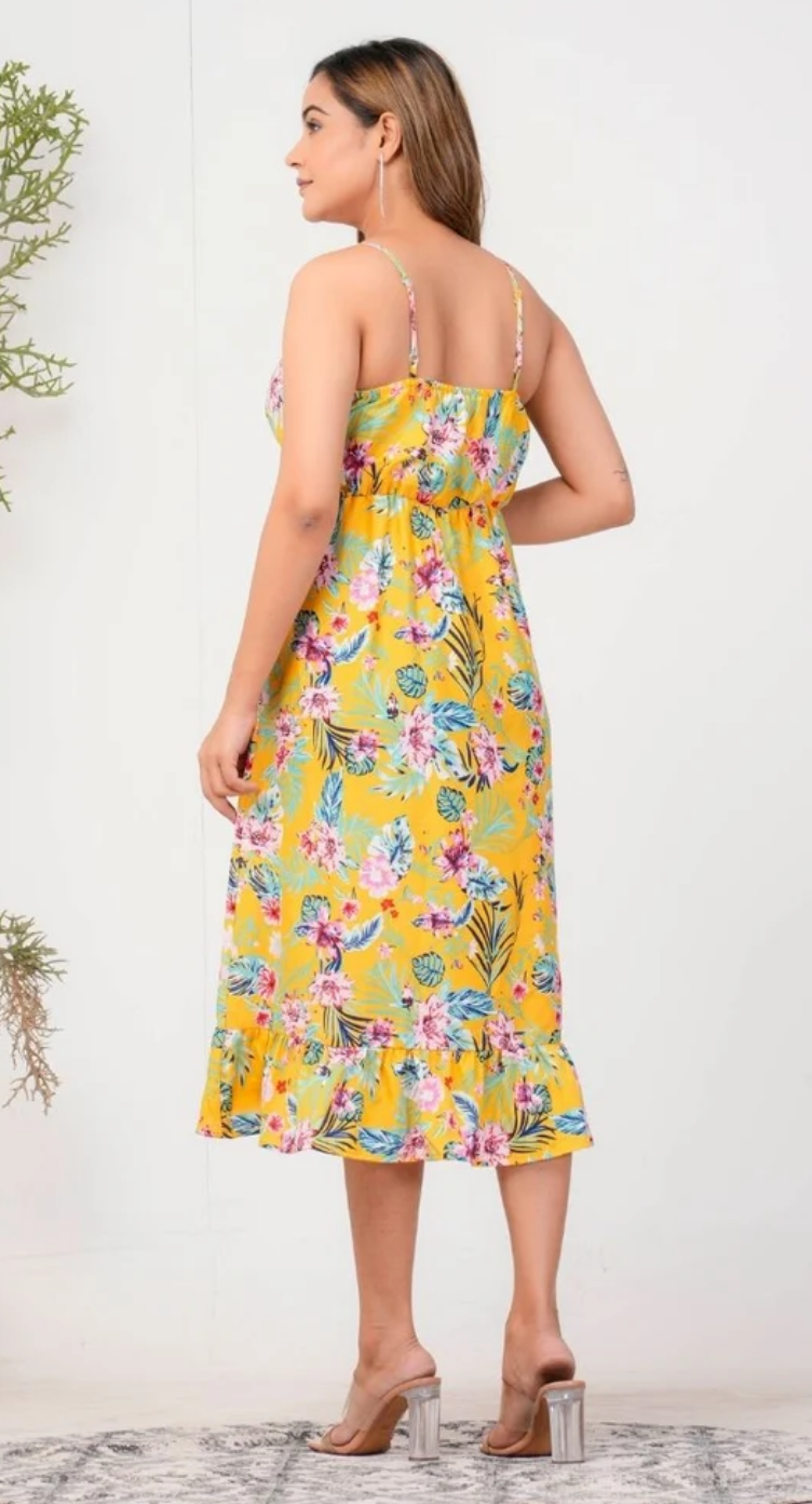 Yellow Floral Polyester Midi Dress for Women S-XL Sleeveless V Neck | GypsieBlu
