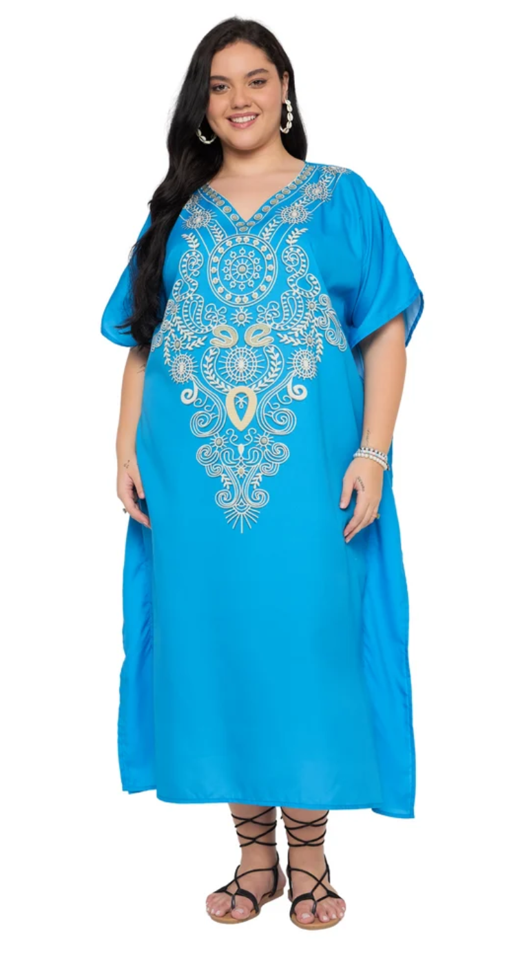 Teal Paisley Polyester Plus Size Kaftan for Women 1X-3X | GypsieBlu