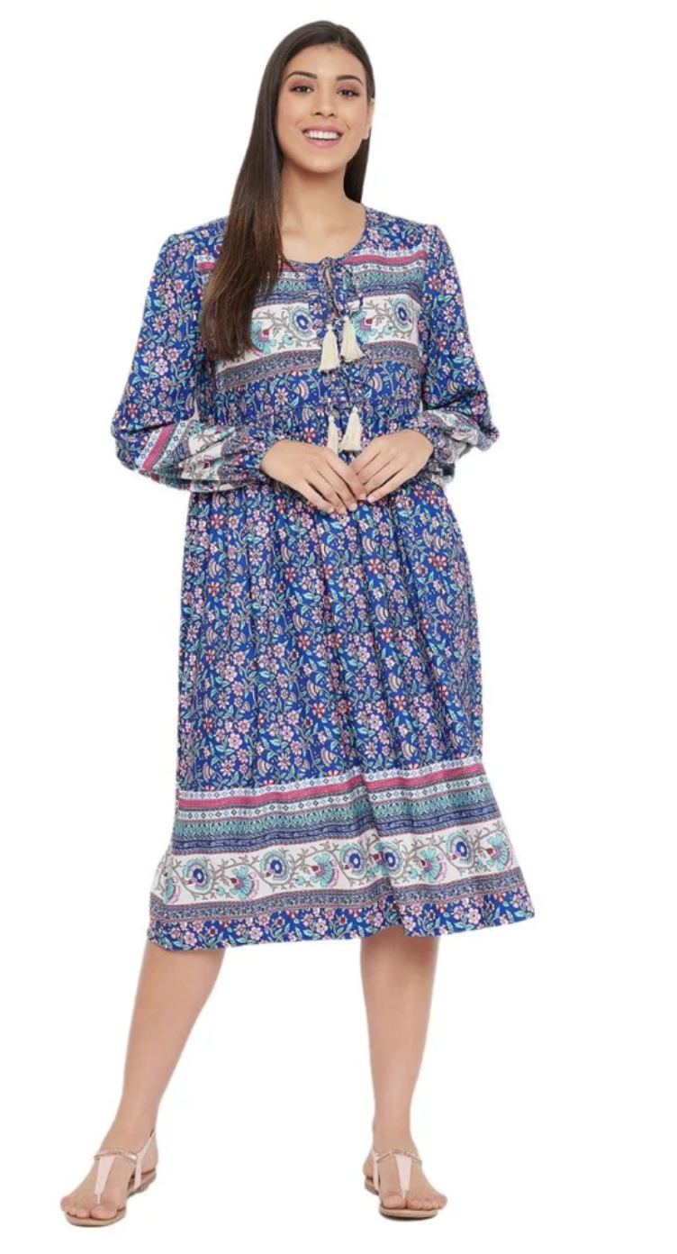 Blue Cotton Plus Size Dress for Women 1X-3X Long Sleeve Round Neck | GypsieBlu