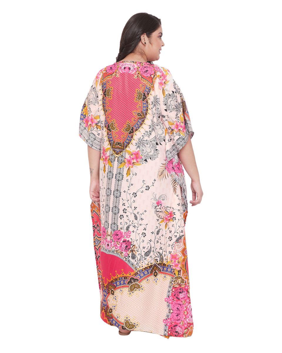 Floral Printed Pink Polyester Plus Size Kaftan Dress For Women
