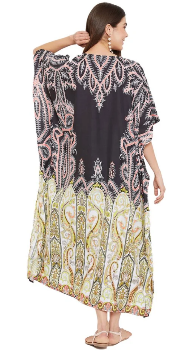 Beige Paisley Border Polyester Plus Size Kaftan for Women 1X-3X | GypsieBlu