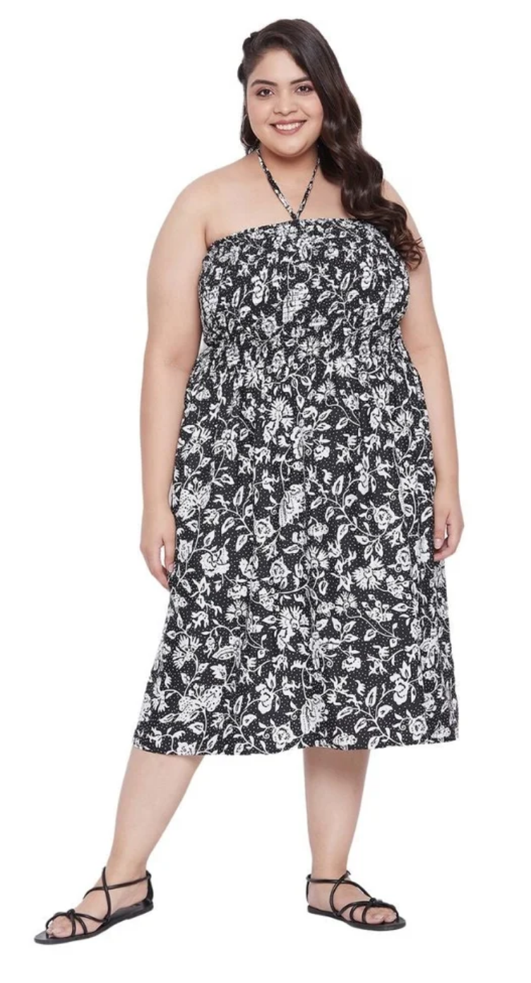 Black & White Floral Polyester Plus Size Tube Dress for Women 1X-3X | GypsieBlu