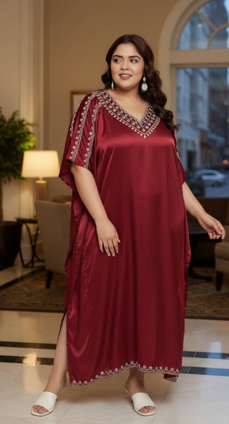 Red Satin Kaftan Solid With Embroidery Lace Jester For Plus Size Women