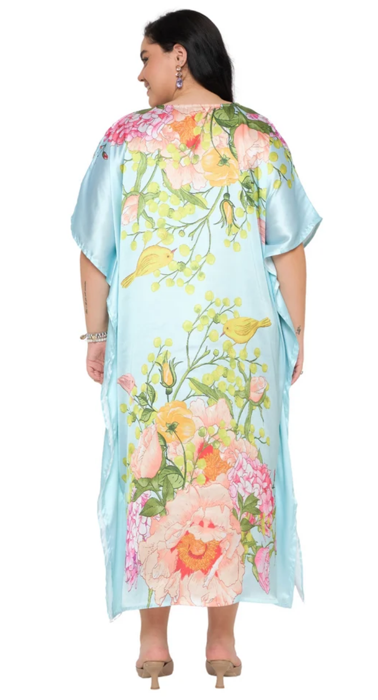 Pastel Blue Floral Bird Polyester Plus Size Kaftan for Women 1X-3X | GypsieBlu