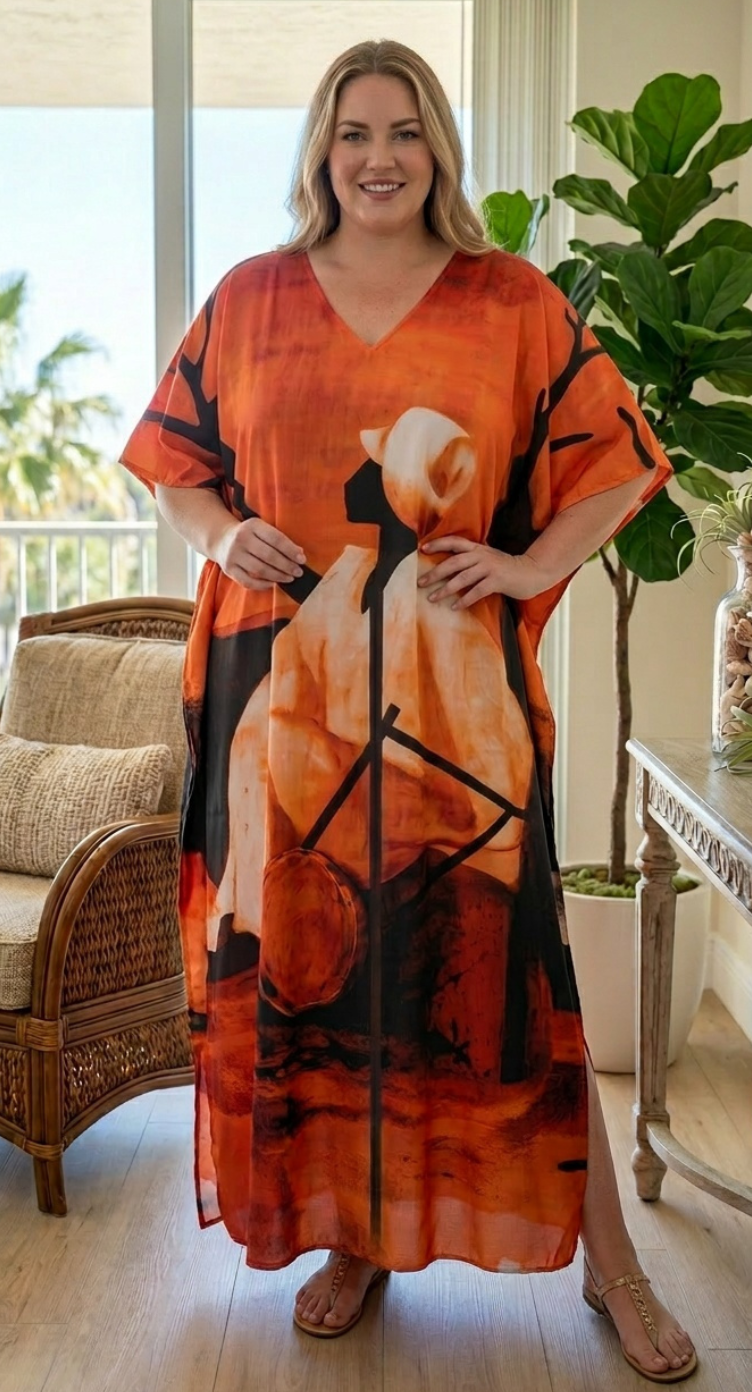 Orange Lady Print Polyester Women Plus Size Kaftan Lounge Dress