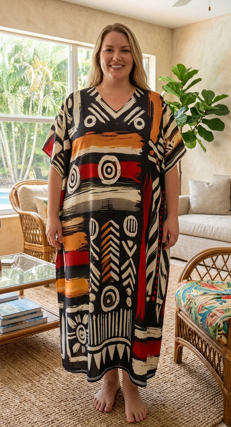 Black Geometric Polyester Women Plus Size Kaftan Holiday Dress