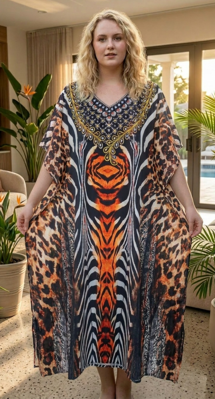 Multicolor Animal Print Polyester Women Plus Size Kaftan Vacation Dress