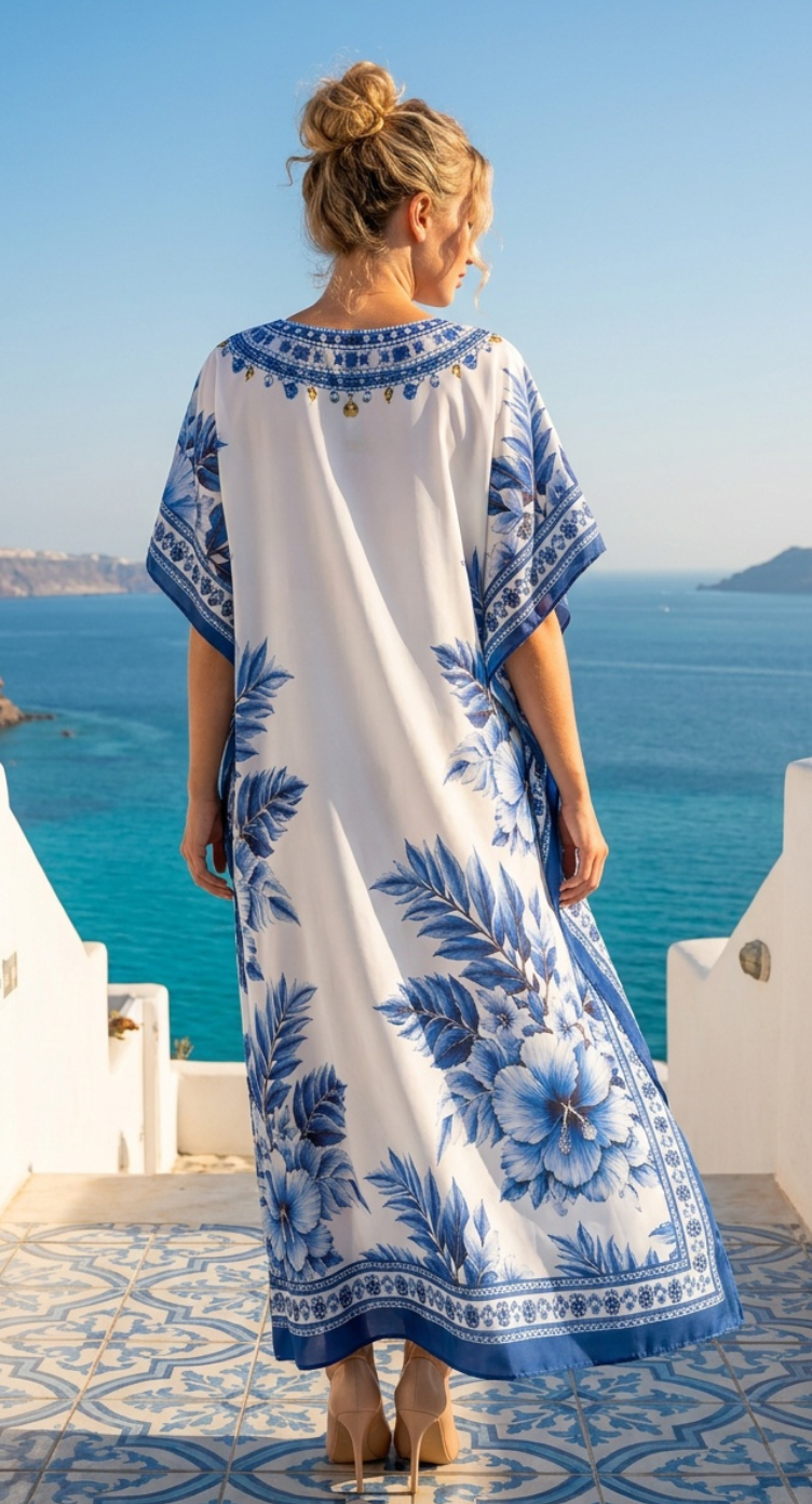 Royal Blue Tropical Polyester Plus Size Kaftan for Women 1X-3X | GypsieBlu