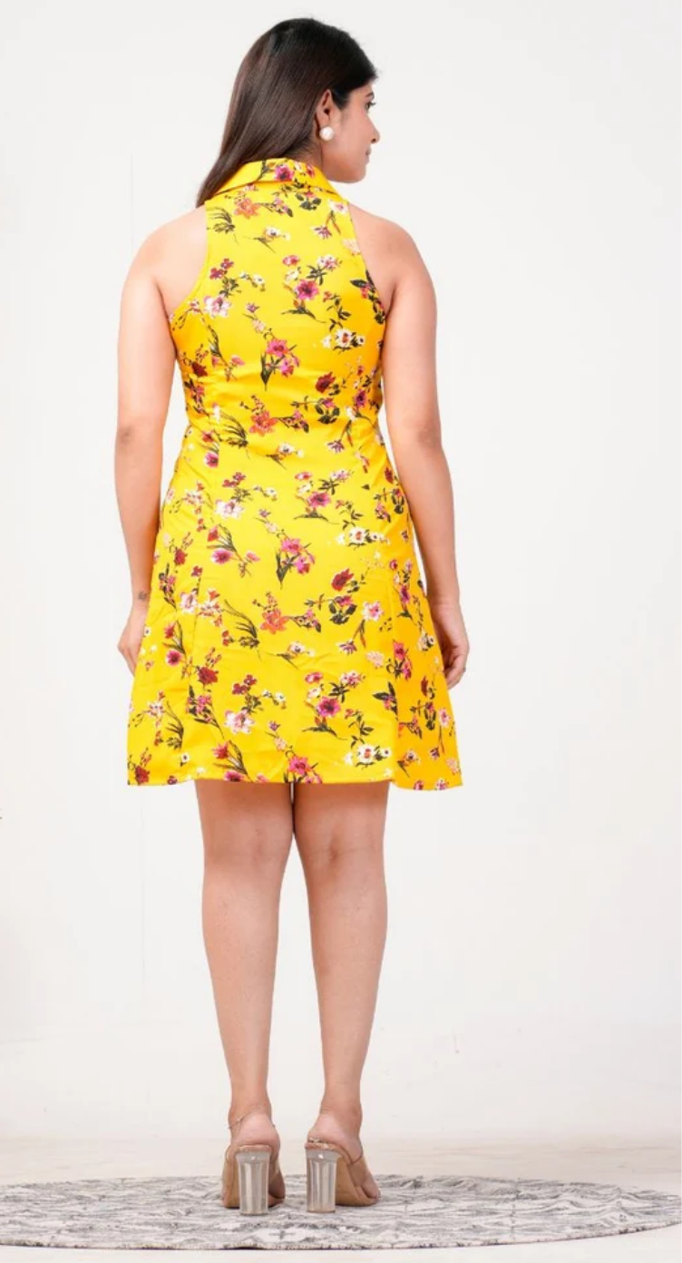 Yellow Floral Polyester Collared Dress for Women S-XL Sleeveless | GypsieBlu