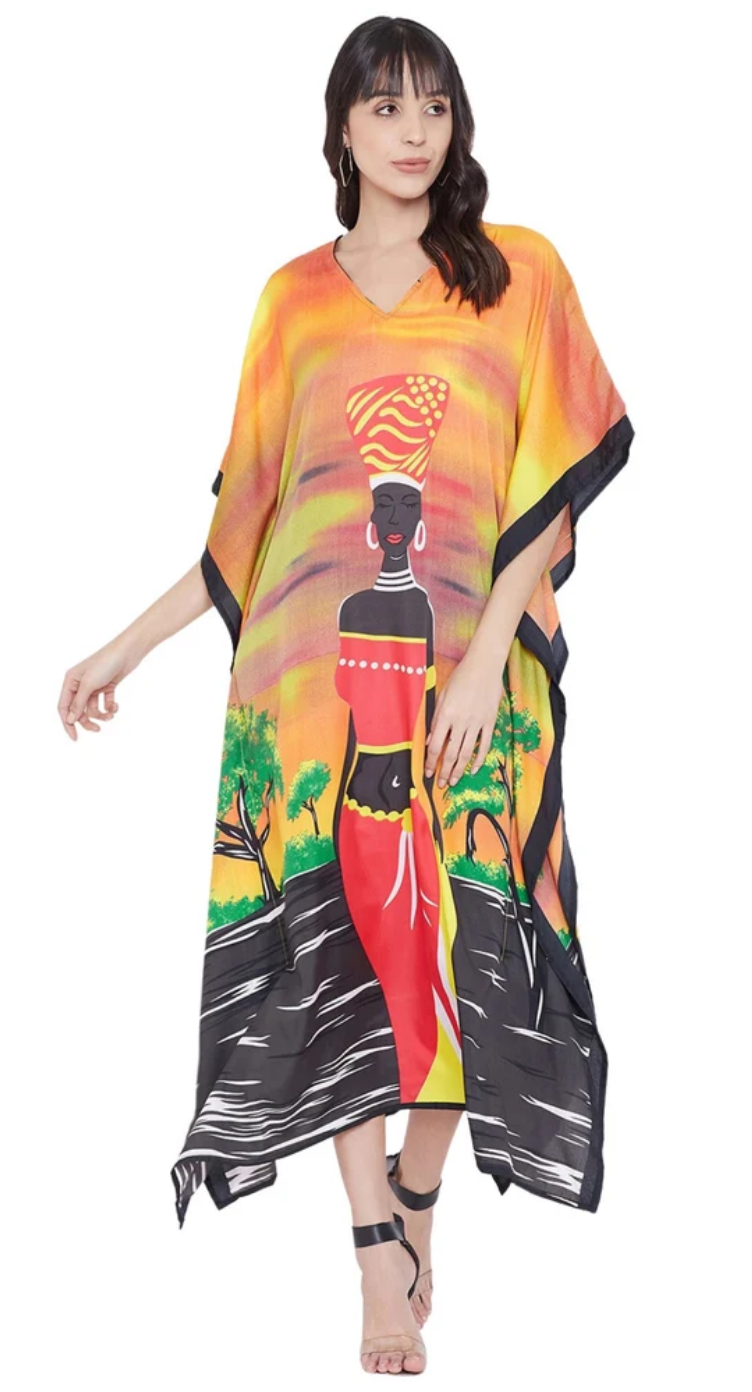 Orange Tribal Sunset Polyester Plus Size Kaftan for Women 1X-3X | GypsieBlu
