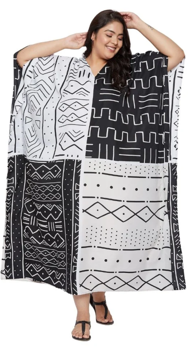 White Mudcloth Tribal Polyester Plus Size Kaftan for Women 1X-3X | GypsieBlu