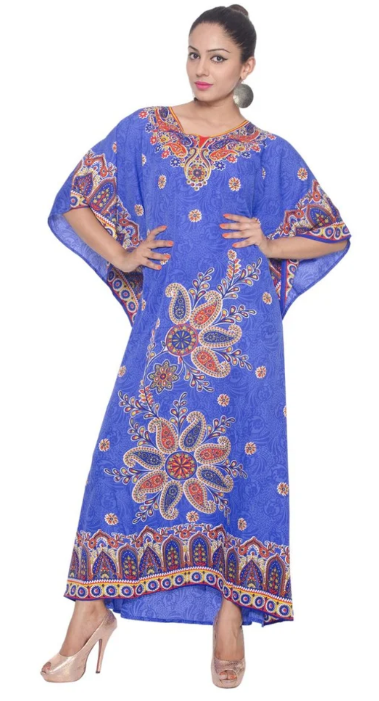 Blue Paisley Floral Polyester Plus Size Kaftan for Women 1X-3X | GypsieBlu