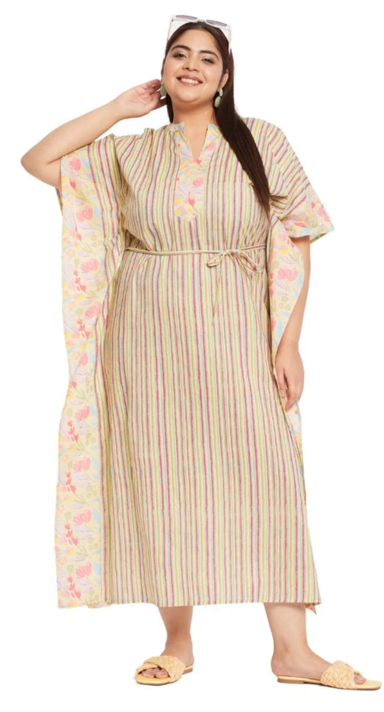 GypsieBlu Yellow Floral Plus Size Cotton Kaftan Dress for Women 3/4 Sleeve 1X-3X