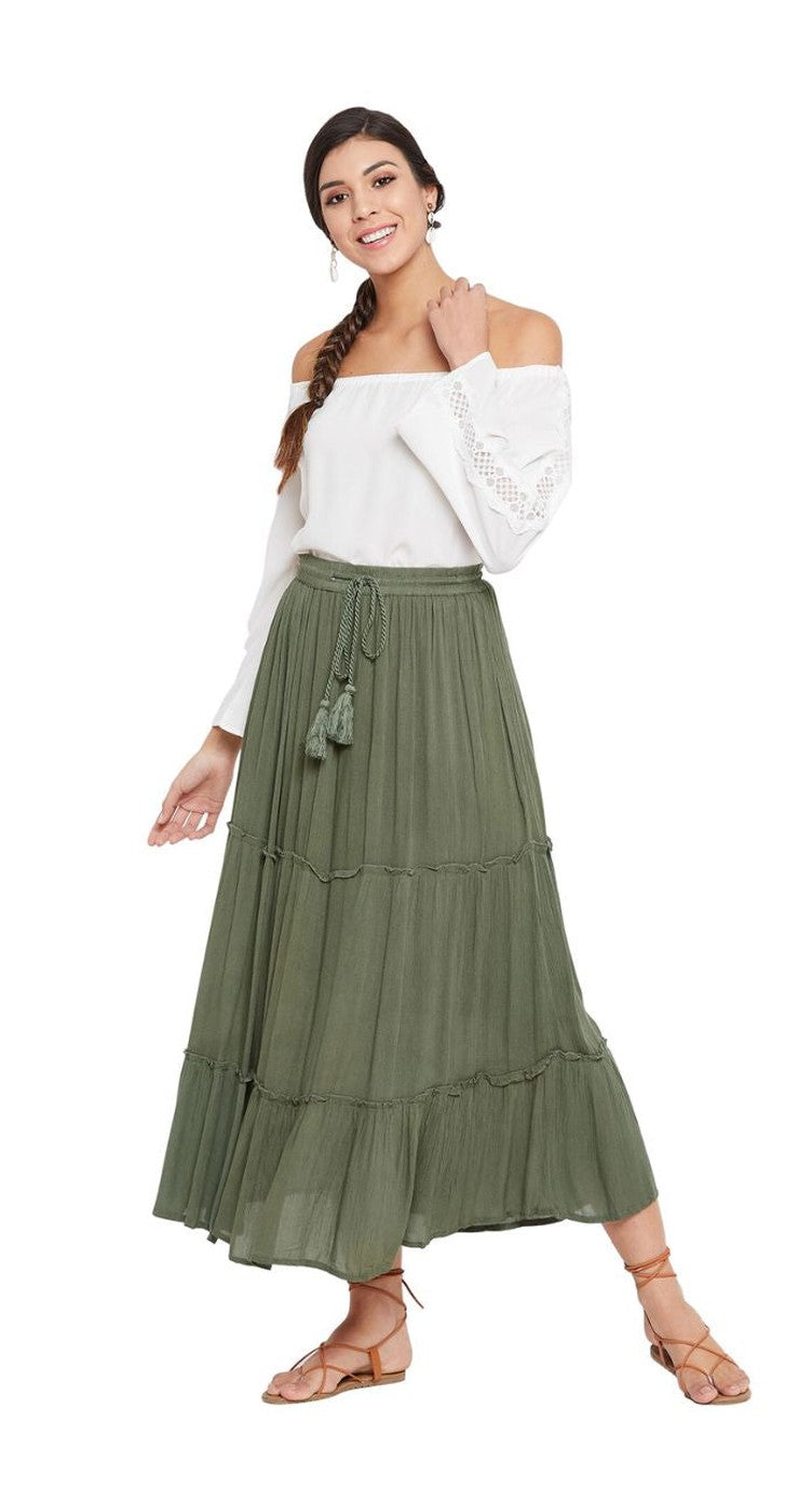 Olive Elastic Drawstring Midi Skirt A Line Casual High Waist Skirt for Women - S M L XL - SKU AC3T239 S - Gypsie Blu