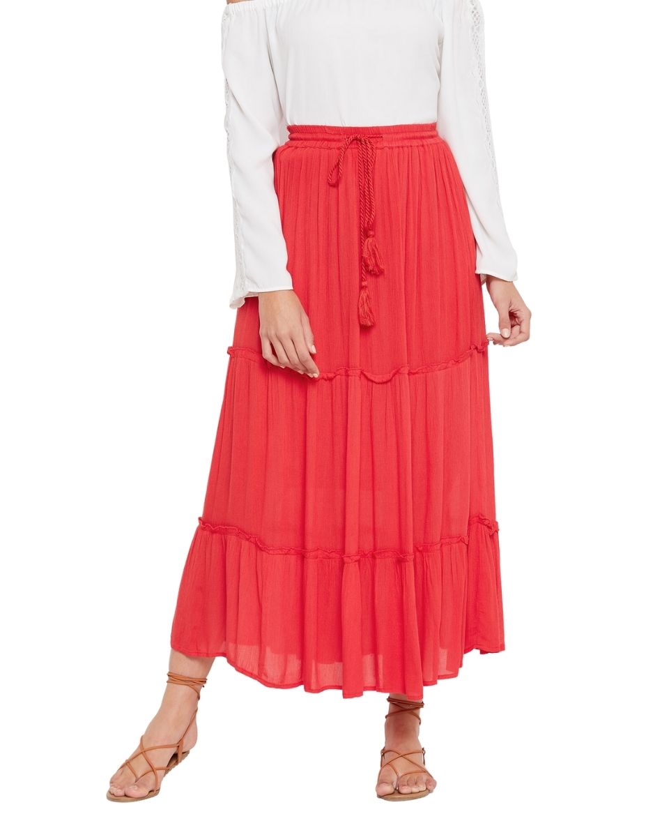 Solid Red Color Rayon Maxi Length Skirt for Women