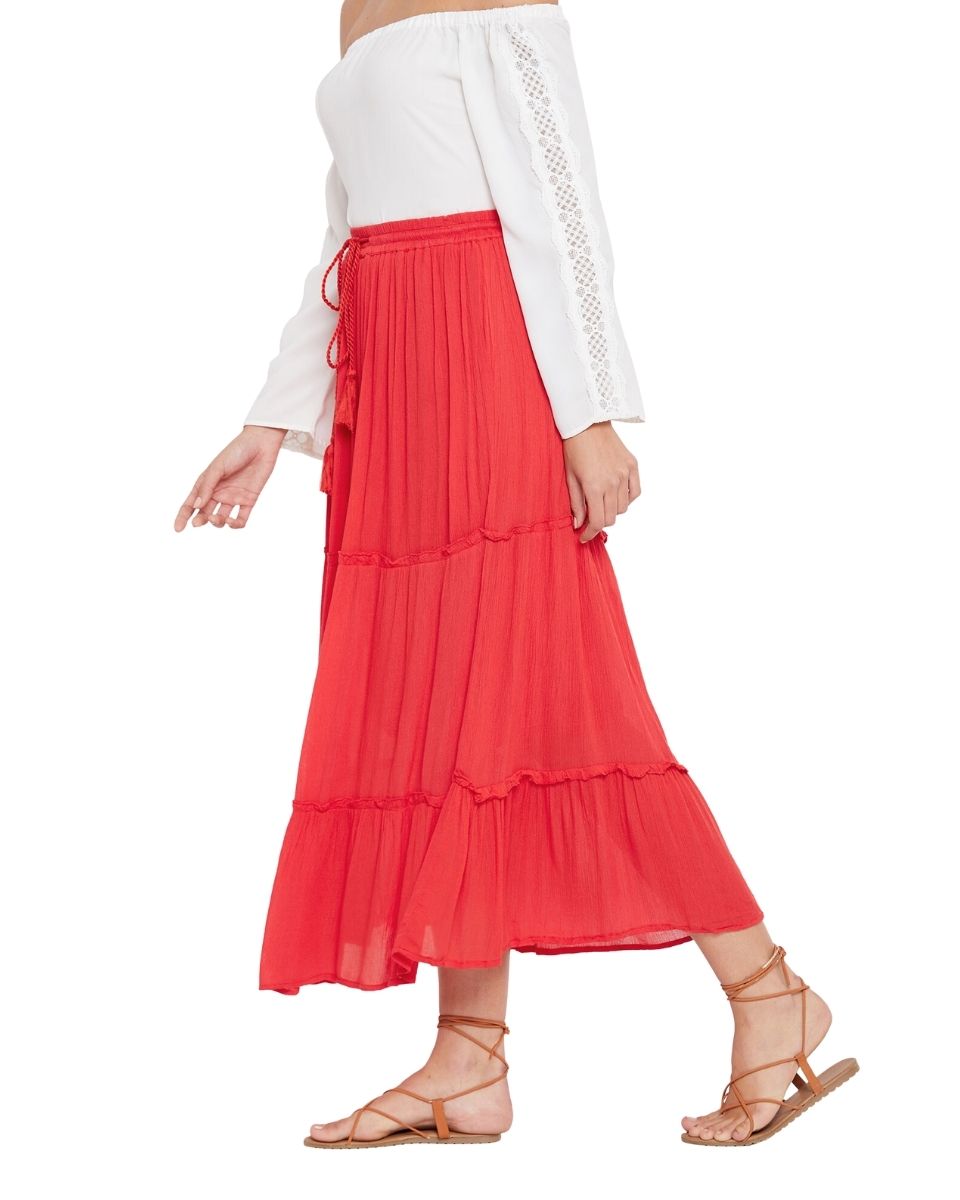 Solid Red Color Rayon Maxi Length Skirt for Women
