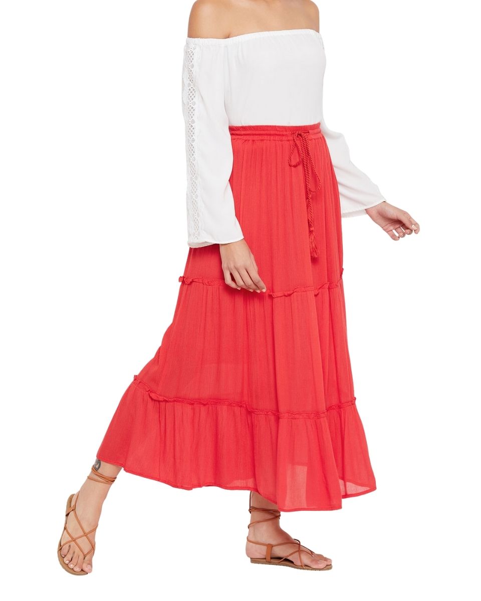 Solid Red Color Rayon Maxi Length Skirt for Women