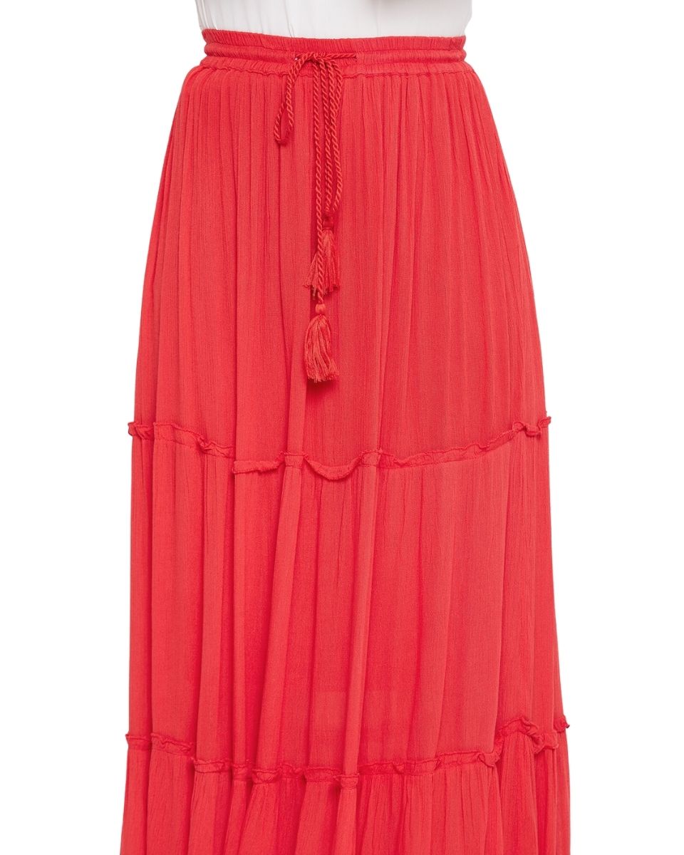 Solid Red Color Rayon Maxi Length Skirt for Women