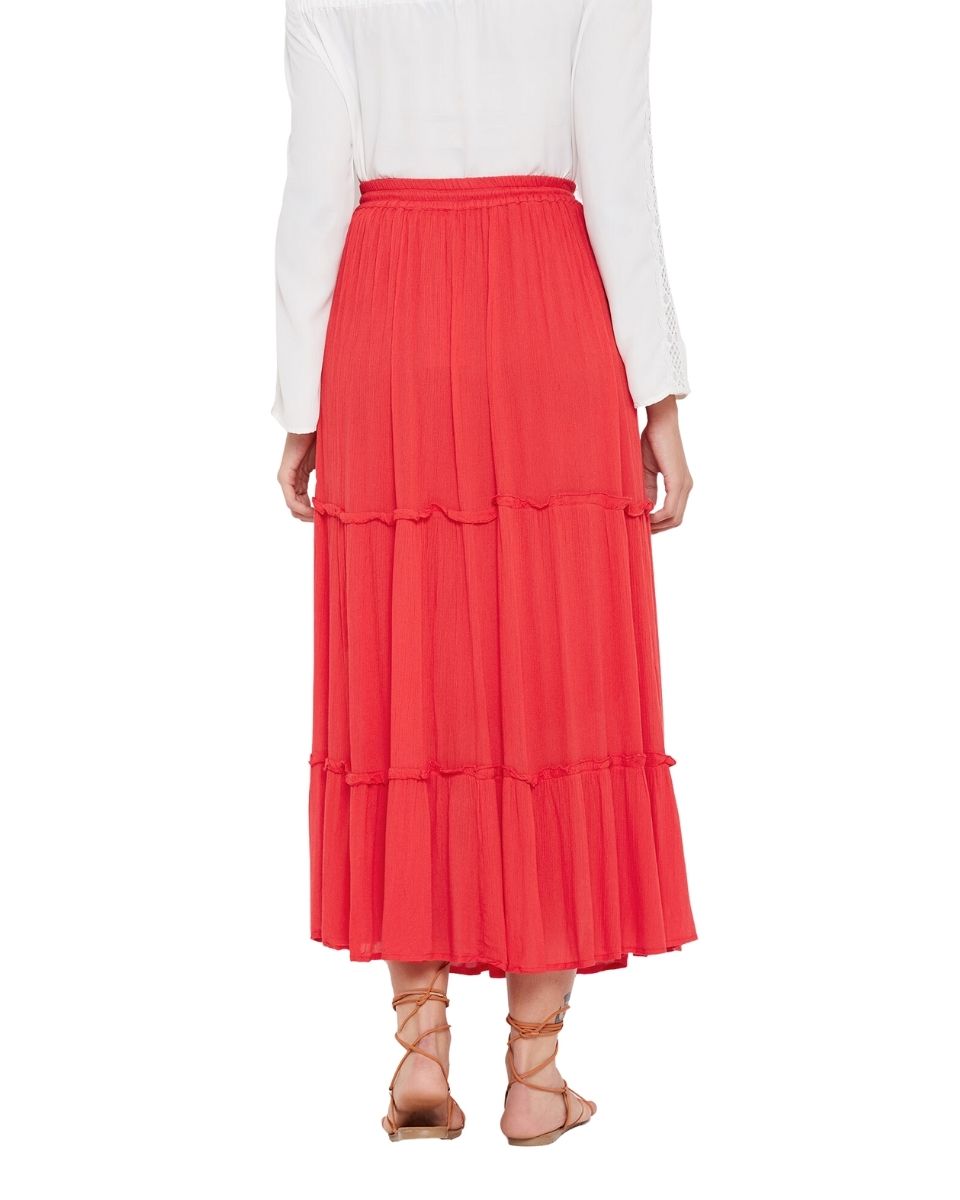Solid Red Color Rayon Maxi Length Skirt for Women