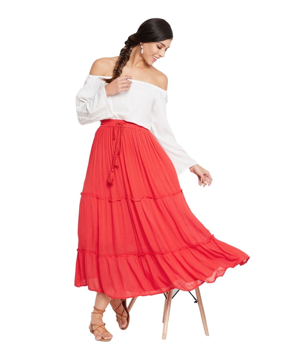 Solid Red Color Rayon Maxi Length Skirt for Women