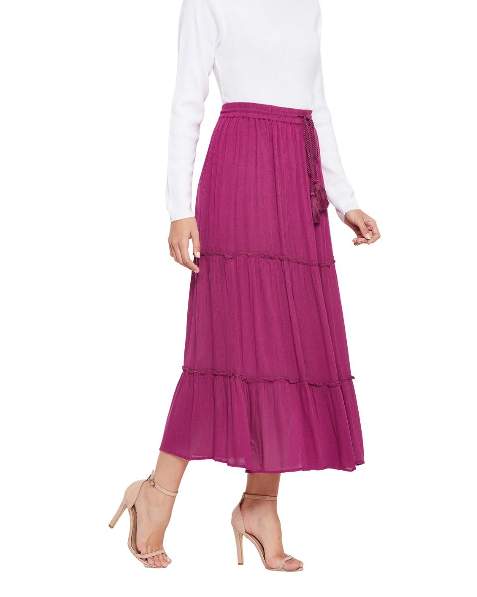 Berry Rayon Drawstring A Line High Waist Skirt For Women