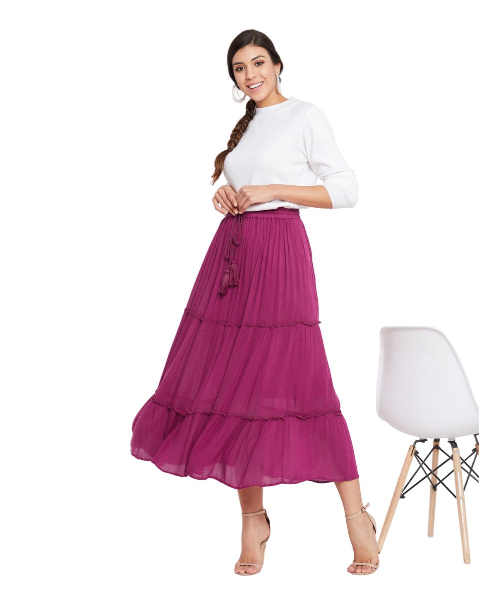 Berry Rayon Drawstring A Line High Waist Skirt For Women