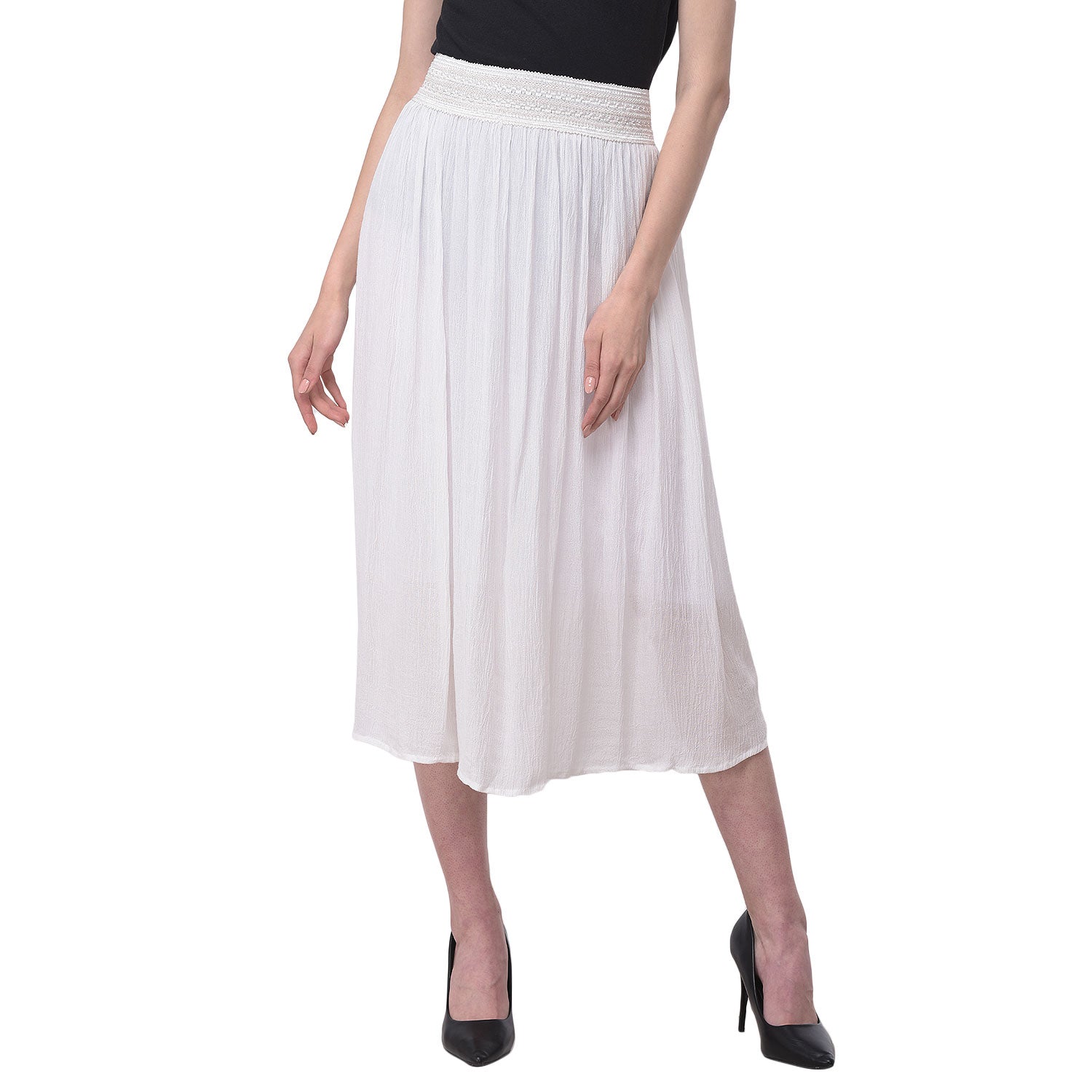 Solid White Knee Length Rayon Skirt For Women