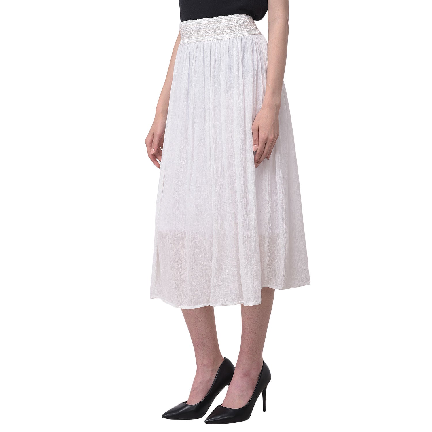 Solid White Knee Length Rayon Skirt For Women
