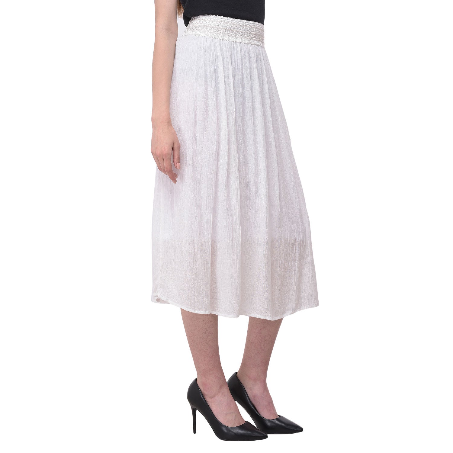 Solid White Knee Length Rayon Skirt For Women