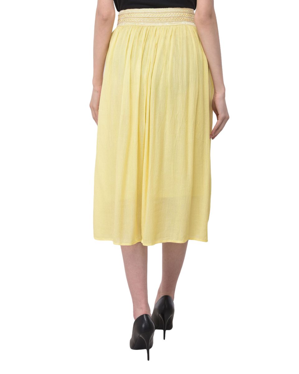 Elastic Waist Pleated Rayon Yellow Skirt For Women