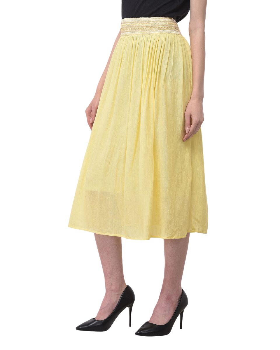 Elastic Waist Pleated Rayon Yellow Skirt For Women