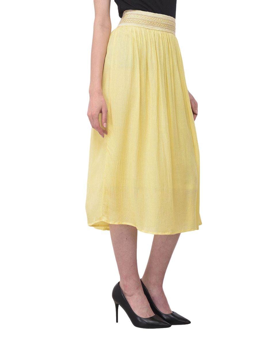 Elastic Waist Pleated Rayon Yellow Skirt For Women