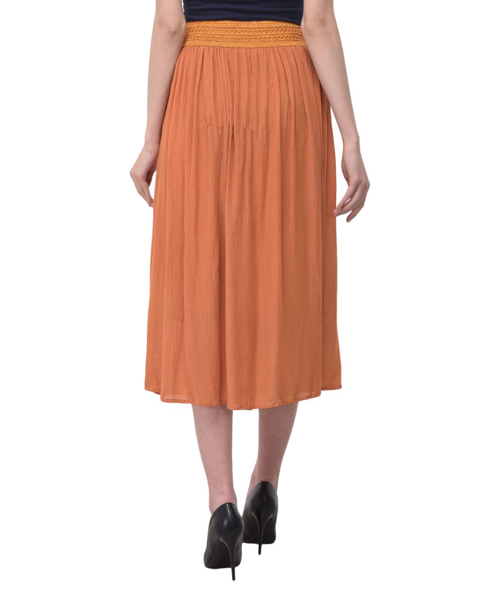 Orange Solid Rayon Gauze Pattern Midi Skirt For Women