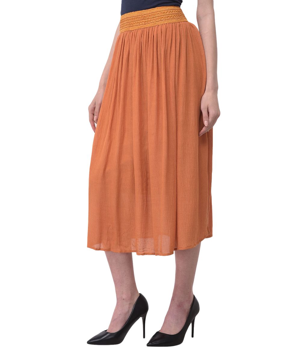 Orange Solid Rayon Gauze Pattern Midi Skirt For Women
