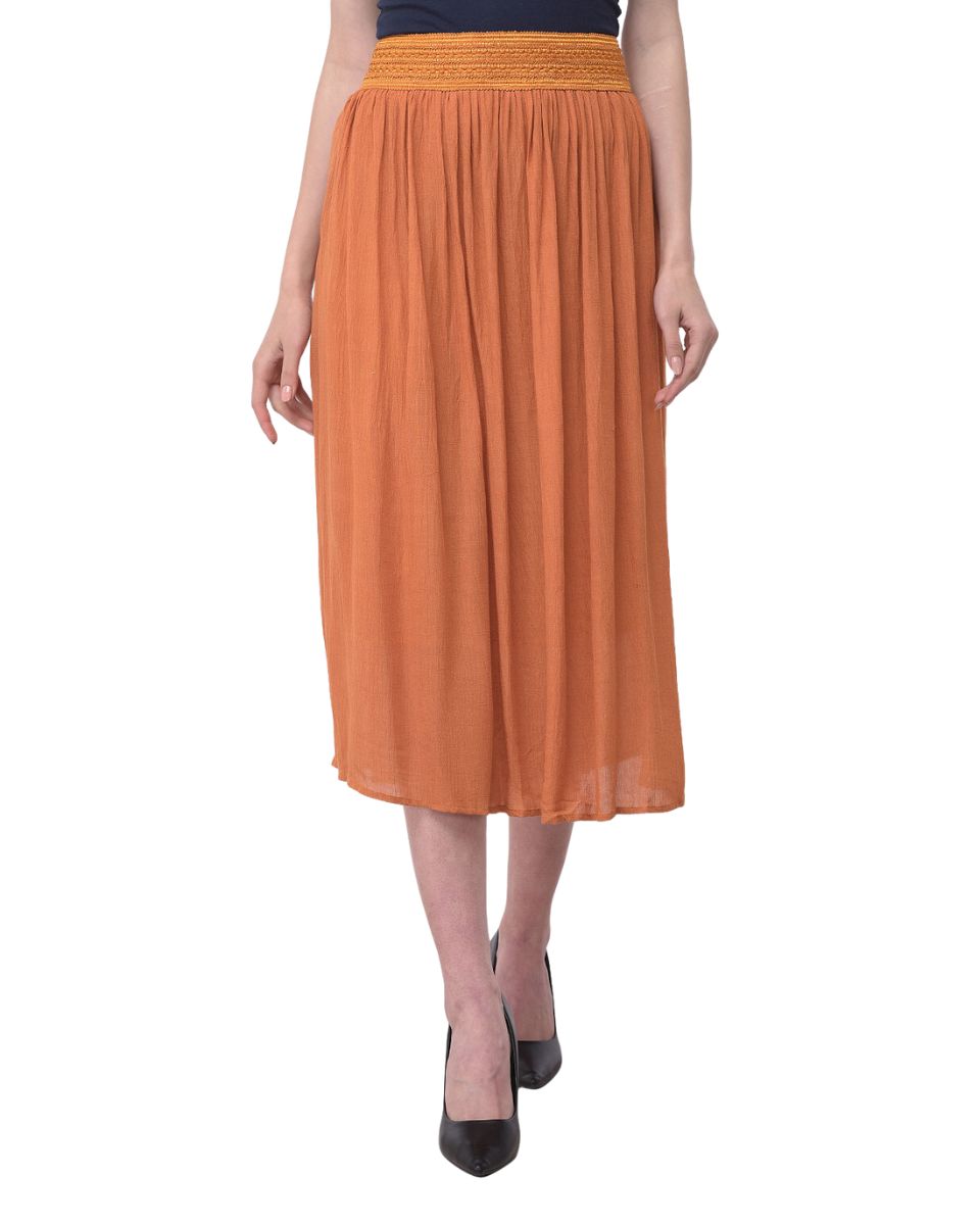 Orange Solid Rayon Gauze Pattern Midi Skirt For Women