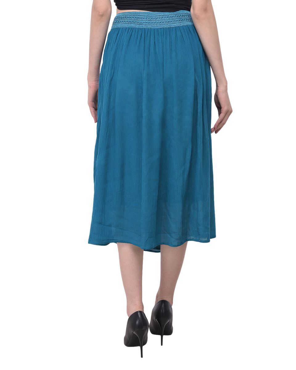 Teal Solid Rayon Casual Midi Skirt For Women