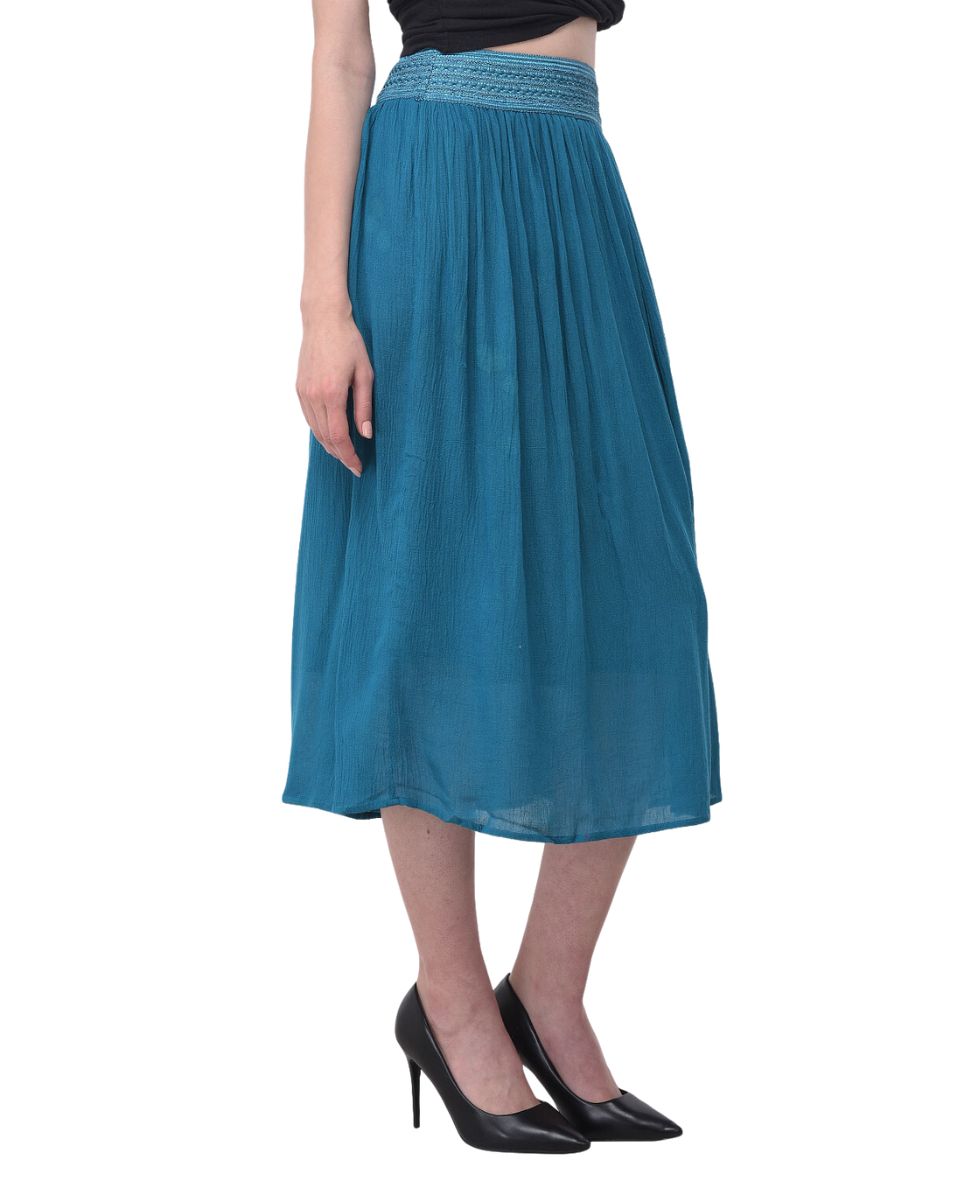 Teal Solid Rayon Casual Midi Skirt For Women