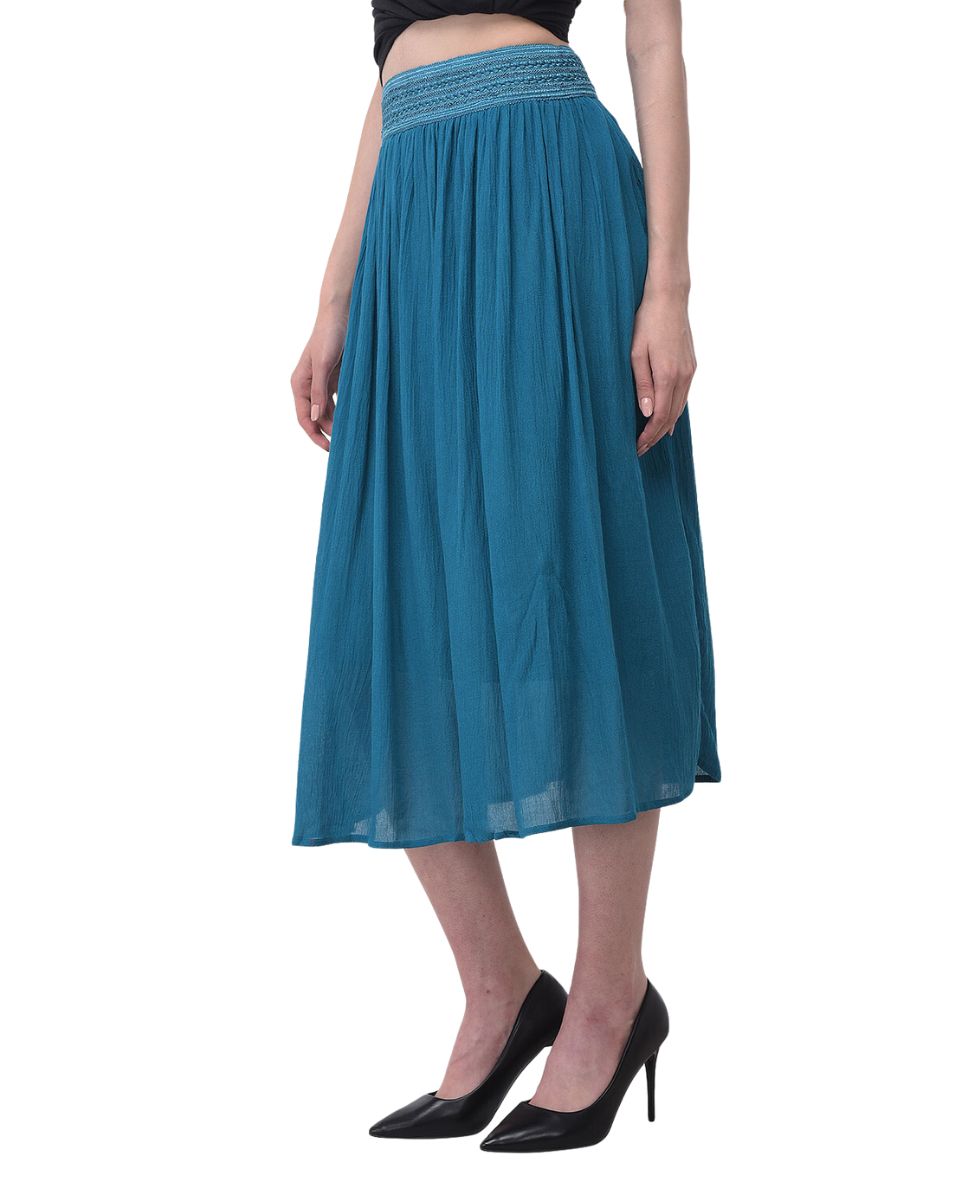 Teal Solid Rayon Casual Midi Skirt For Women