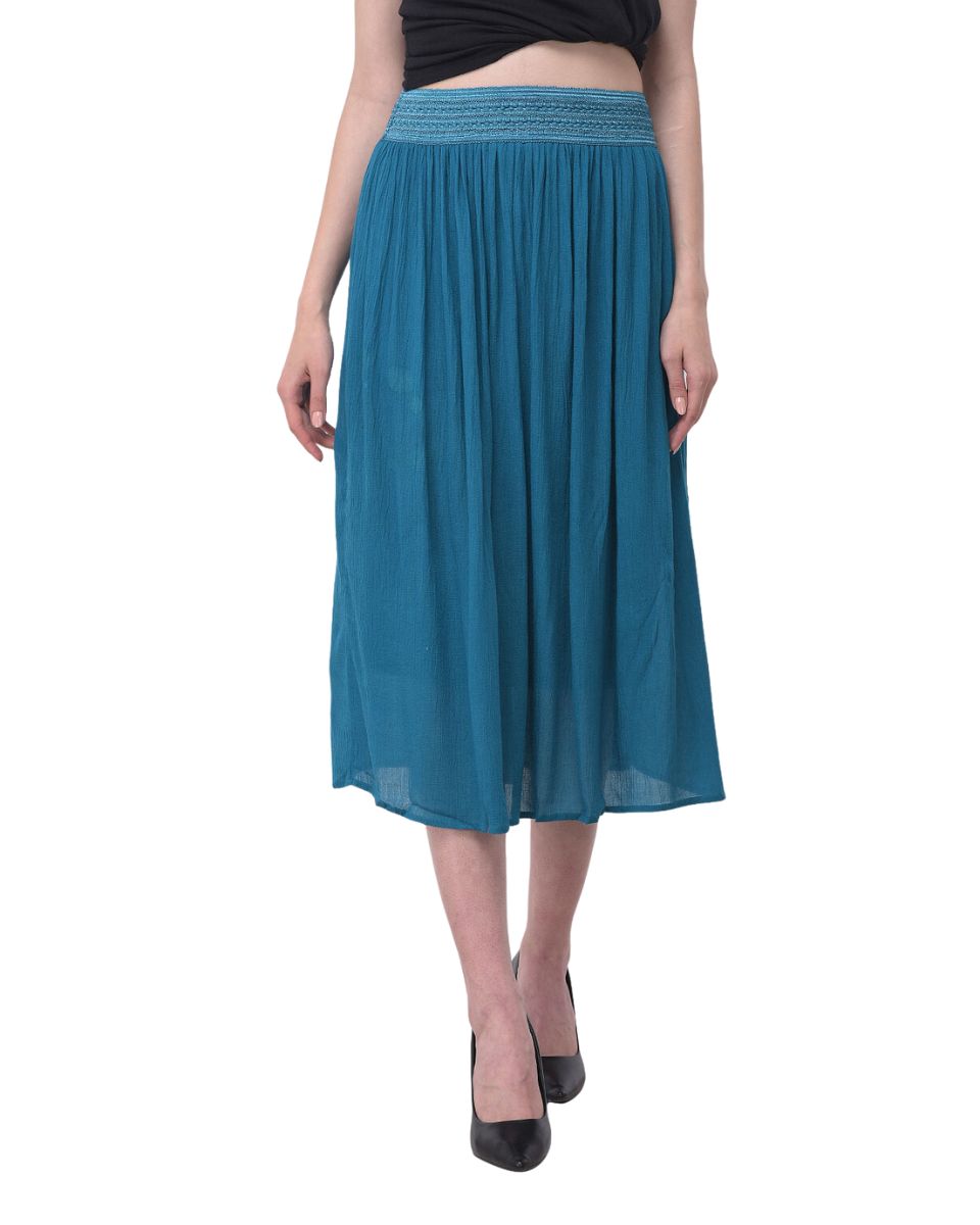 Teal Solid Rayon Casual Midi Skirt For Women