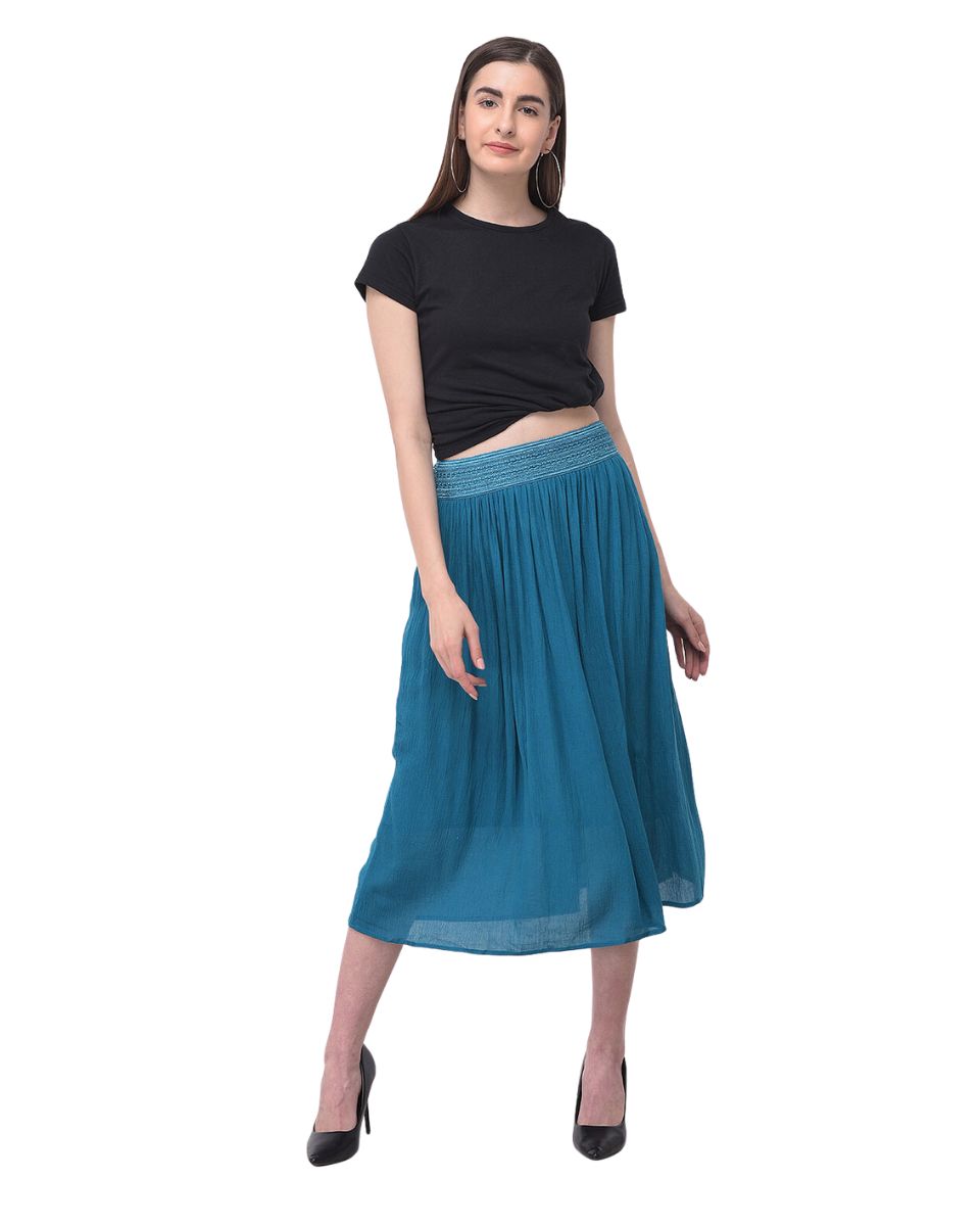 Teal Solid Rayon Casual Midi Skirt For Women