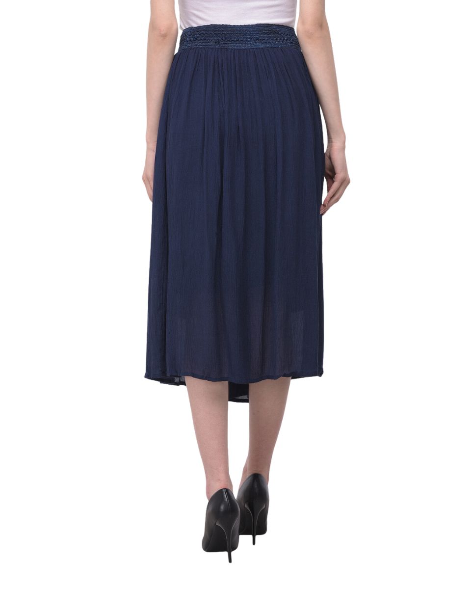 Navy Blue Rayon Pleated Skirt for Women