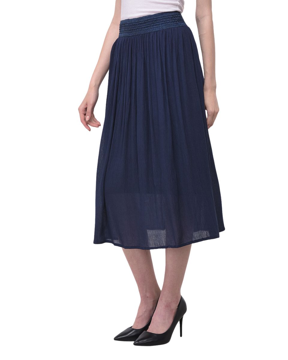 Navy Blue Rayon Pleated Skirt for Women